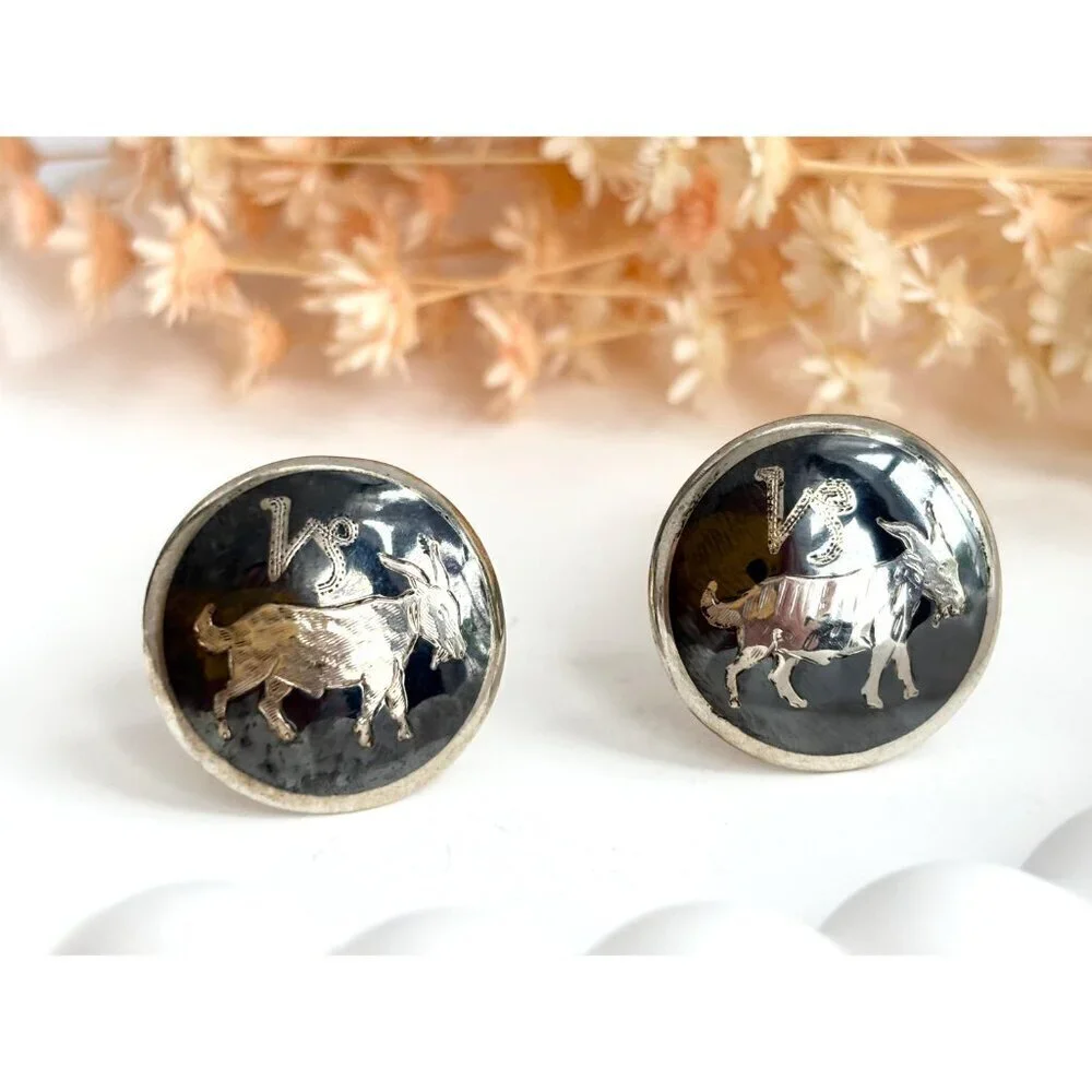 Siam Sterling Taurus Figural Nielloware Enamel Vintage Black Round Cufflinks
